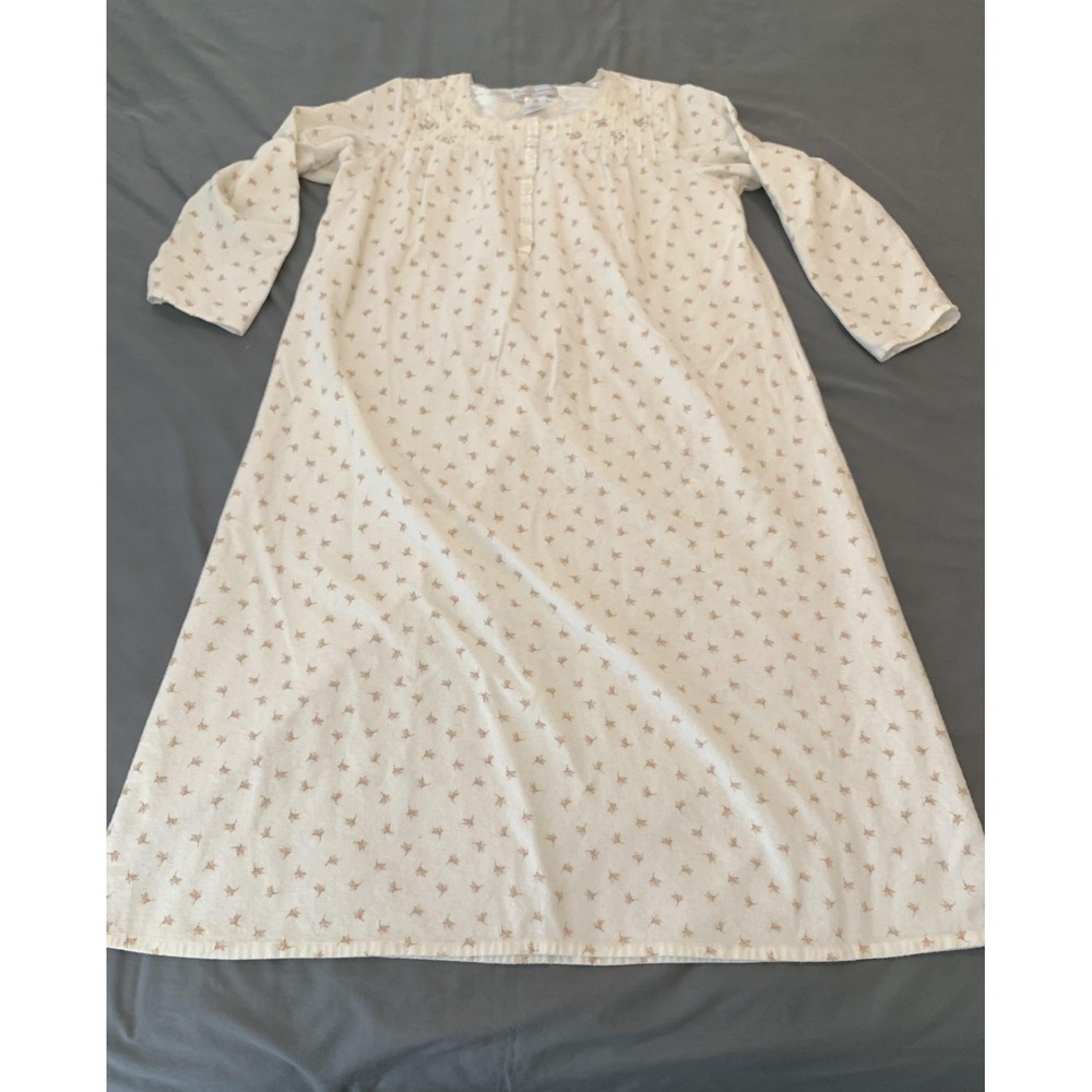 Earth Angels Nightgown Womens Large White Floral Flannel 3/4 Sleeve Sleep